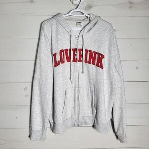 PINK Victoria's Secret Gray Zip-Up Hoodie with Red Lettering